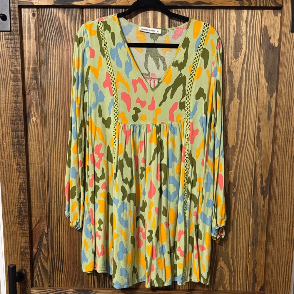 Rusty DustyMulticolor Abstract Print V-Neck Tunic - Green, Pink, Blue, Yellow